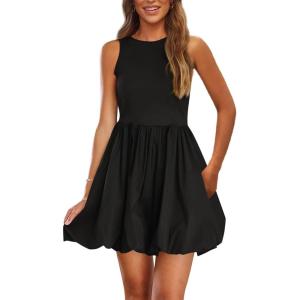 imagePRETTYGARDEN Summer Dresses for Women 2025 Casual Sleeveless Tank Mini Short Dress Crew Neck Bubble Sundress with PocketsBlack