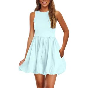 imagePRETTYGARDEN Summer Dresses for Women 2025 Casual Sleeveless Tank Mini Short Dress Crew Neck Bubble Sundress with PocketsBlue