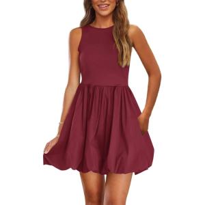 imagePRETTYGARDEN Summer Dresses for Women 2025 Casual Sleeveless Tank Mini Short Dress Crew Neck Bubble Sundress with PocketsWine Red