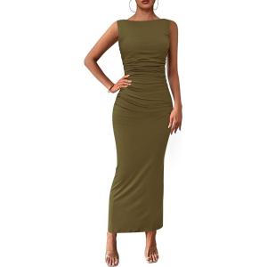 imagePRETTYGARDEN Womens 2025 Summer Semi Formal Midi Dresses Sleeveless Ruched Bodycon Slit Long Elegant Cocktail Party DressArmy Green