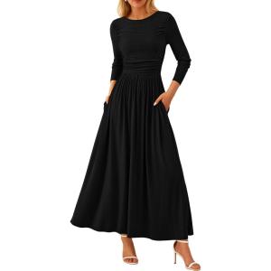 imagePRETTYGARDEN Womens Spring Casual Long Sleeve Maxi Dresses Crewneck Ruched A Line Flowy Elegant Modest Going Out DressBlack