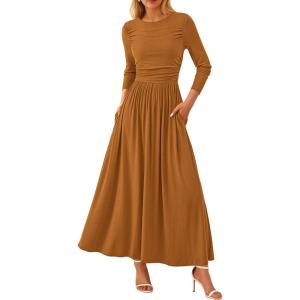 imagePRETTYGARDEN Womens Spring Casual Long Sleeve Maxi Dresses Crewneck Ruched A Line Flowy Elegant Modest Going Out DressBrown Yellow