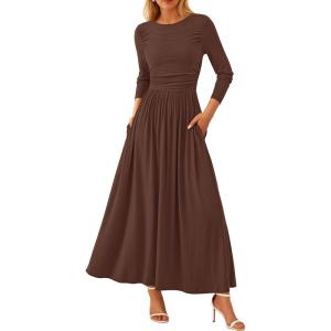 imagePRETTYGARDEN Womens Spring Casual Long Sleeve Maxi Dresses Crewneck Ruched A Line Flowy Elegant Modest Going Out DressCoffee