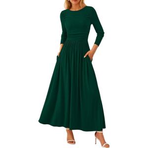 imagePRETTYGARDEN Womens Spring Casual Long Sleeve Maxi Dresses Crewneck Ruched A Line Flowy Elegant Modest Going Out DressDark Green