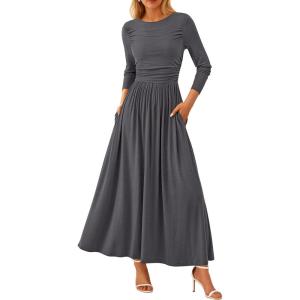 imagePRETTYGARDEN Womens Spring Casual Long Sleeve Maxi Dresses Crewneck Ruched A Line Flowy Elegant Modest Going Out DressGrey