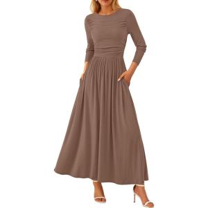 imagePRETTYGARDEN Womens Spring Casual Long Sleeve Maxi Dresses Crewneck Ruched A Line Flowy Elegant Modest Going Out DressKhaki