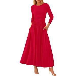 imagePRETTYGARDEN Womens Spring Casual Long Sleeve Maxi Dresses Crewneck Ruched A Line Flowy Elegant Modest Going Out DressRed