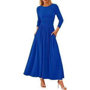 imagePRETTYGARDEN Womens Spring Casual Long Sleeve Maxi Dresses Crewneck Ruched A Line Flowy Elegant Modest Going Out DressRoyal Blue