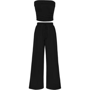 imagePRETTYGARDEN Womens Summer Outfits 2 Piece Sets Casual Ribbed Knit Crop Tube Top Wide Leg Pants Spring Matching Lounge SetBlack