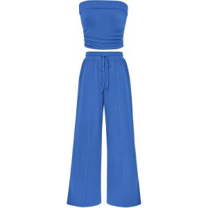 imagePRETTYGARDEN Womens Summer Outfits 2 Piece Sets Casual Ribbed Knit Crop Tube Top Wide Leg Pants Spring Matching Lounge SetBlue