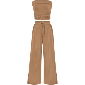 imagePRETTYGARDEN Womens Summer Outfits 2 Piece Sets Casual Ribbed Knit Crop Tube Top Wide Leg Pants Spring Matching Lounge SetCamel
