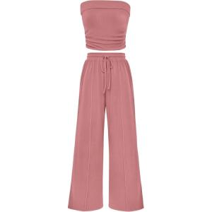imagePRETTYGARDEN Womens Summer Outfits 2 Piece Sets Casual Ribbed Knit Crop Tube Top Wide Leg Pants Spring Matching Lounge SetDusty Pink