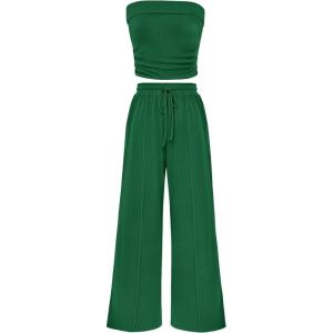 imagePRETTYGARDEN Womens Summer Outfits 2 Piece Sets Casual Ribbed Knit Crop Tube Top Wide Leg Pants Spring Matching Lounge SetGreen