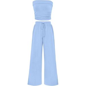 imagePRETTYGARDEN Womens Summer Outfits 2 Piece Sets Casual Ribbed Knit Crop Tube Top Wide Leg Pants Spring Matching Lounge SetLight Blue