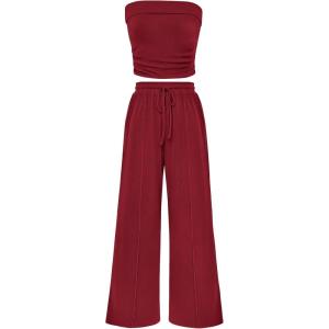 imagePRETTYGARDEN Womens Summer Outfits 2 Piece Sets Casual Ribbed Knit Crop Tube Top Wide Leg Pants Spring Matching Lounge SetWine Red