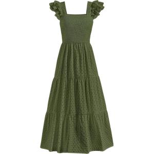 imagePRETTYGARDEN Womens Summer Square Neck Maxi Dresses Cap Sleeve Eyelet Smocked Tiered A Line Flowy Long Dress with PocketsArmy Green