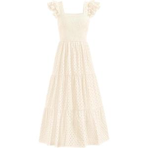 imagePRETTYGARDEN Womens Summer Square Neck Maxi Dresses Cap Sleeve Eyelet Smocked Tiered A Line Flowy Long Dress with PocketsBeige
