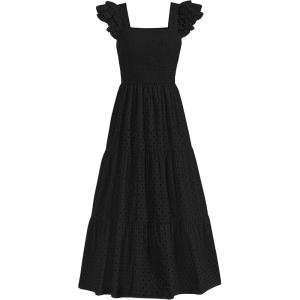 imagePRETTYGARDEN Womens Summer Square Neck Maxi Dresses Cap Sleeve Eyelet Smocked Tiered A Line Flowy Long Dress with PocketsBlack