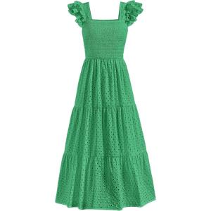 imagePRETTYGARDEN Womens Summer Square Neck Maxi Dresses Cap Sleeve Eyelet Smocked Tiered A Line Flowy Long Dress with PocketsGreen