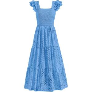 imagePRETTYGARDEN Womens Summer Square Neck Maxi Dresses Cap Sleeve Eyelet Smocked Tiered A Line Flowy Long Dress with PocketsLight Blue