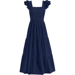imagePRETTYGARDEN Womens Summer Square Neck Maxi Dresses Cap Sleeve Eyelet Smocked Tiered A Line Flowy Long Dress with PocketsNavy