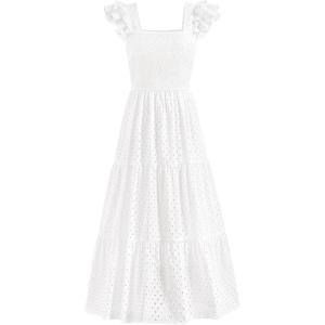 imagePRETTYGARDEN Womens Summer Square Neck Maxi Dresses Cap Sleeve Eyelet Smocked Tiered A Line Flowy Long Dress with PocketsWhite