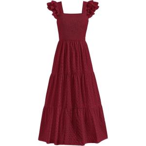 imagePRETTYGARDEN Womens Summer Square Neck Maxi Dresses Cap Sleeve Eyelet Smocked Tiered A Line Flowy Long Dress with PocketsWine Red
