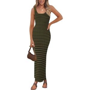 imagePRETTYGARDEN Womens Summer Tank Dress Casual Sleeveless Striped Ribbed Knit Long Dresses Beach Vacation SundressArmy Green