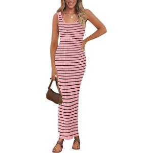 imagePRETTYGARDEN Womens Summer Tank Dress Casual Sleeveless Striped Ribbed Knit Long Dresses Beach Vacation SundressPink