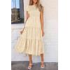 imagePRETTYGARDEN Womens Floral Midi Dresses 2025 Summer Cap Sleeve Smocked Ruffle A Line Long Flowy Wedding Guest DressBeige