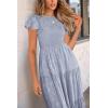 imagePRETTYGARDEN Womens Floral Midi Dresses 2025 Summer Cap Sleeve Smocked Ruffle A Line Long Flowy Wedding Guest DressGrey Blue