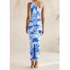 imagePRETTYGARDEN Womens One Shoulder Bodycon Dress Summer 2025 Printed Ruched Mesh Dress Party Cocktail Fitted Long DressBlue