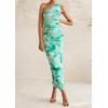 imagePRETTYGARDEN Womens One Shoulder Bodycon Dress Summer 2025 Printed Ruched Mesh Dress Party Cocktail Fitted Long DressGreen