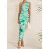 imagePRETTYGARDEN Womens One Shoulder Bodycon Dress Summer 2025 Printed Ruched Mesh Dress Party Cocktail Fitted Long DressGreen