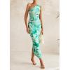 imagePRETTYGARDEN Womens One Shoulder Bodycon Dress Summer 2025 Printed Ruched Mesh Dress Party Cocktail Fitted Long DressGreen