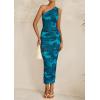 imagePRETTYGARDEN Womens One Shoulder Bodycon Dress Summer 2025 Printed Ruched Mesh Dress Party Cocktail Fitted Long DressLake Blue Floral