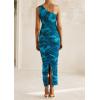 imagePRETTYGARDEN Womens One Shoulder Bodycon Dress Summer 2025 Printed Ruched Mesh Dress Party Cocktail Fitted Long DressLake Blue Floral