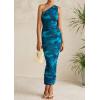 imagePRETTYGARDEN Womens One Shoulder Bodycon Dress Summer 2025 Printed Ruched Mesh Dress Party Cocktail Fitted Long DressLake Blue Floral