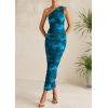 imagePRETTYGARDEN Womens One Shoulder Bodycon Dress Summer 2025 Printed Ruched Mesh Dress Party Cocktail Fitted Long DressLake Blue Floral