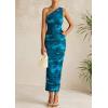 imagePRETTYGARDEN Womens One Shoulder Bodycon Dress Summer 2025 Printed Ruched Mesh Dress Party Cocktail Fitted Long DressLake Blue Floral