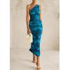 imagePRETTYGARDEN Womens One Shoulder Bodycon Dress Summer 2025 Printed Ruched Mesh Dress Party Cocktail Fitted Long DressLake Blue Floral