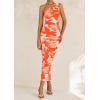 imagePRETTYGARDEN Womens One Shoulder Bodycon Dress Summer 2025 Printed Ruched Mesh Dress Party Cocktail Fitted Long DressLight Orange