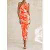 imagePRETTYGARDEN Womens One Shoulder Bodycon Dress Summer 2025 Printed Ruched Mesh Dress Party Cocktail Fitted Long DressLight Orange