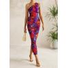 imagePRETTYGARDEN Womens One Shoulder Bodycon Dress Summer 2025 Printed Ruched Mesh Dress Party Cocktail Fitted Long DressNavy Red Flower