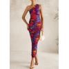 imagePRETTYGARDEN Womens One Shoulder Bodycon Dress Summer 2025 Printed Ruched Mesh Dress Party Cocktail Fitted Long DressNavy Red Flower
