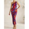 imagePRETTYGARDEN Womens One Shoulder Bodycon Dress Summer 2025 Printed Ruched Mesh Dress Party Cocktail Fitted Long DressNavy Red Flower
