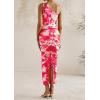 imagePRETTYGARDEN Womens One Shoulder Bodycon Dress Summer 2025 Printed Ruched Mesh Dress Party Cocktail Fitted Long DressPink