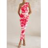 imagePRETTYGARDEN Womens One Shoulder Bodycon Dress Summer 2025 Printed Ruched Mesh Dress Party Cocktail Fitted Long DressPink