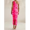 imagePRETTYGARDEN Womens One Shoulder Bodycon Dress Summer 2025 Printed Ruched Mesh Dress Party Cocktail Fitted Long DressPink Floral