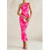imagePRETTYGARDEN Womens One Shoulder Bodycon Dress Summer 2025 Printed Ruched Mesh Dress Party Cocktail Fitted Long DressPink Floral